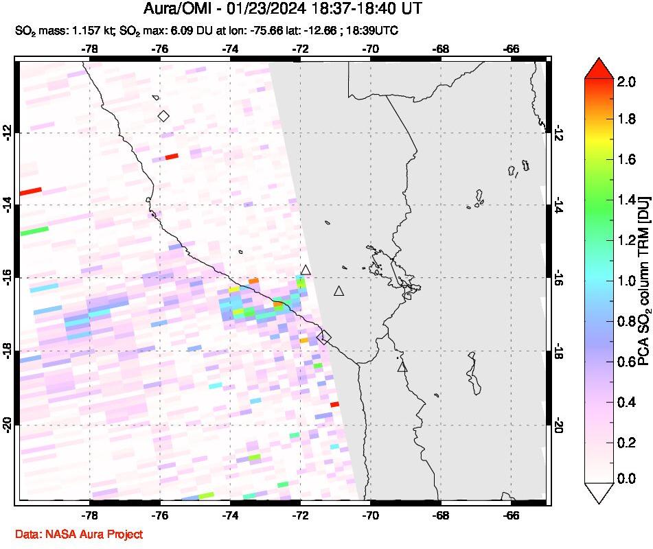 A sulfur dioxide image over Peru on Jan 23, 2024.