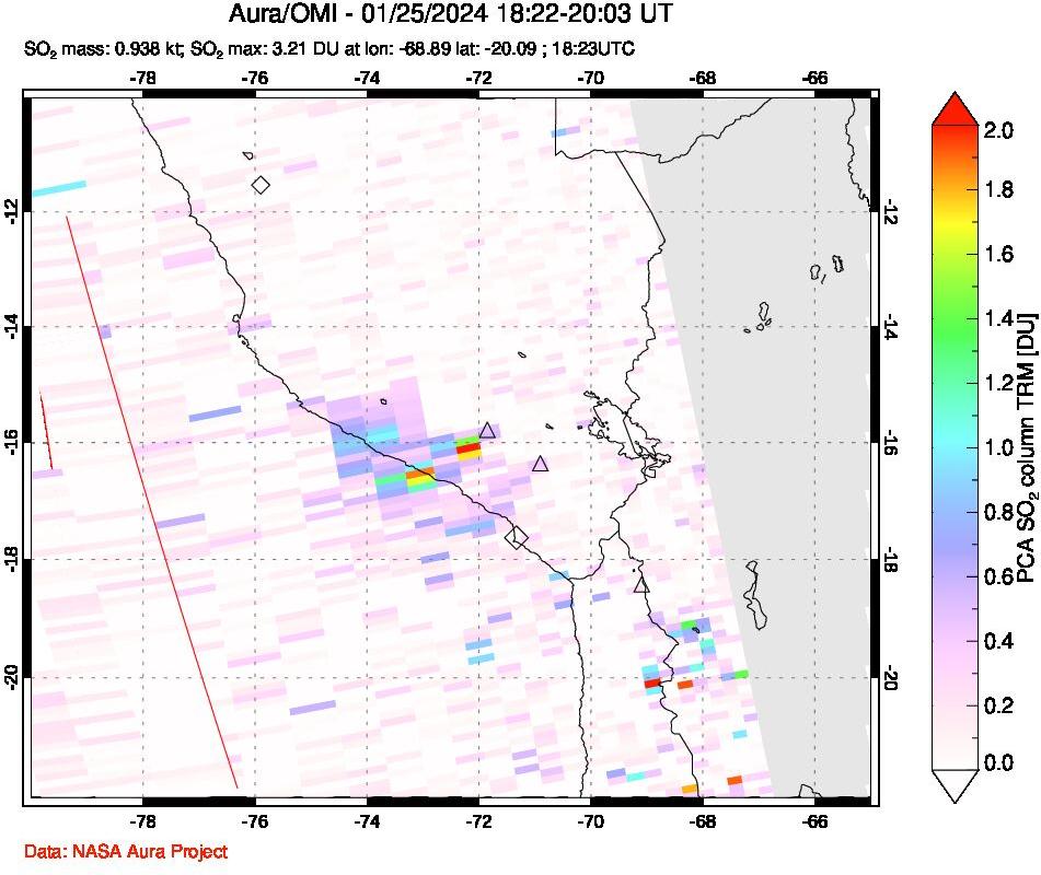 A sulfur dioxide image over Peru on Jan 25, 2024.