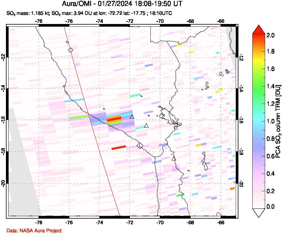 A sulfur dioxide image over Peru on Jan 27, 2024.