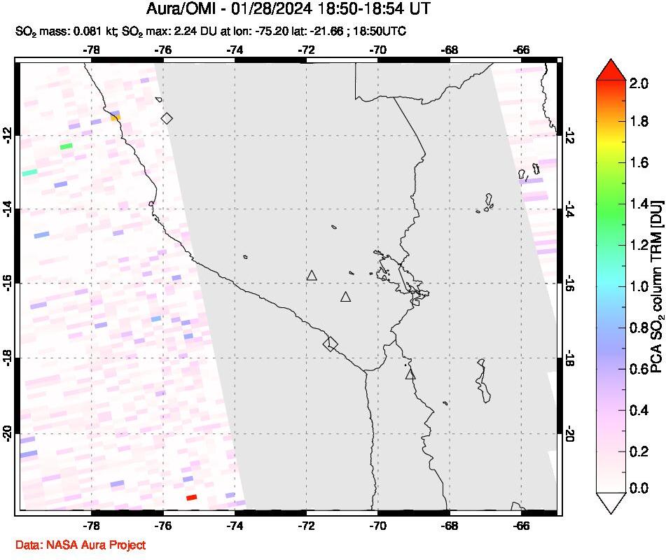 A sulfur dioxide image over Peru on Jan 28, 2024.