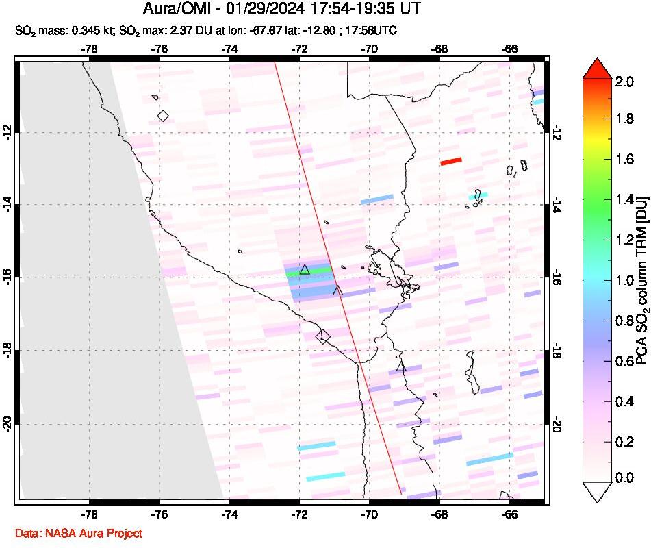 A sulfur dioxide image over Peru on Jan 29, 2024.