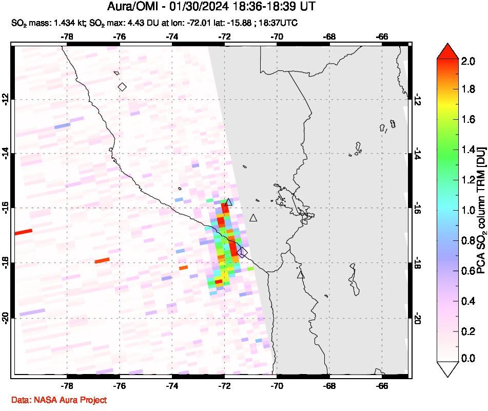 A sulfur dioxide image over Peru on Jan 30, 2024.