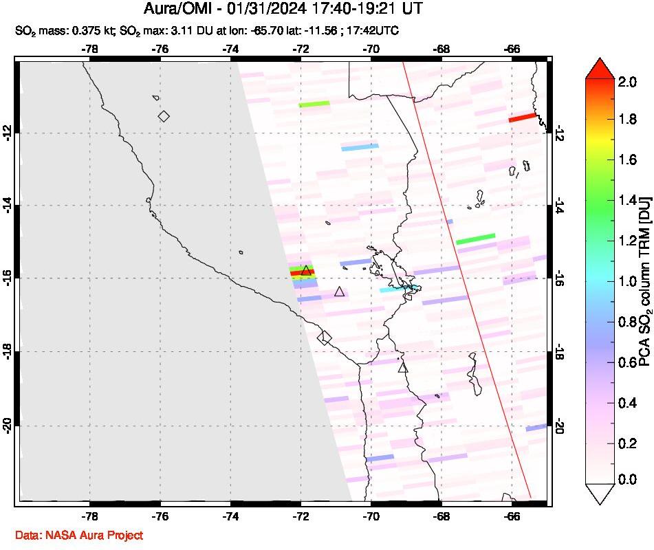 A sulfur dioxide image over Peru on Jan 31, 2024.