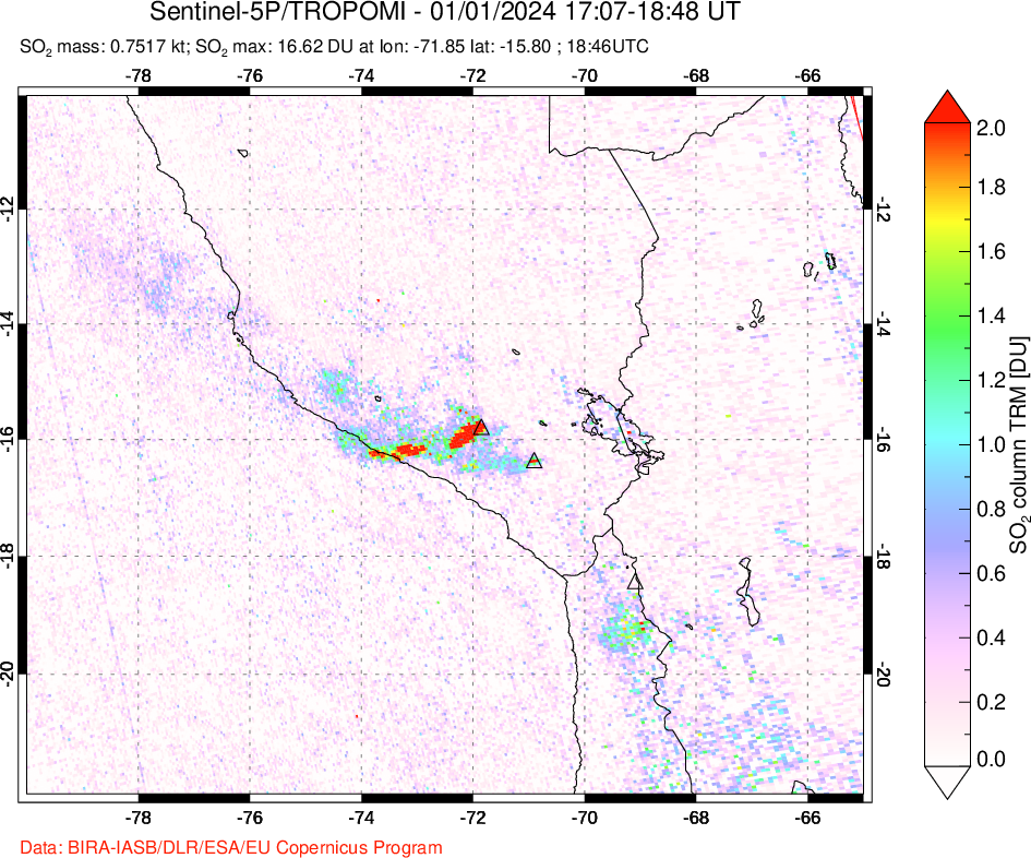 A sulfur dioxide image over Peru on Jan 01, 2024.