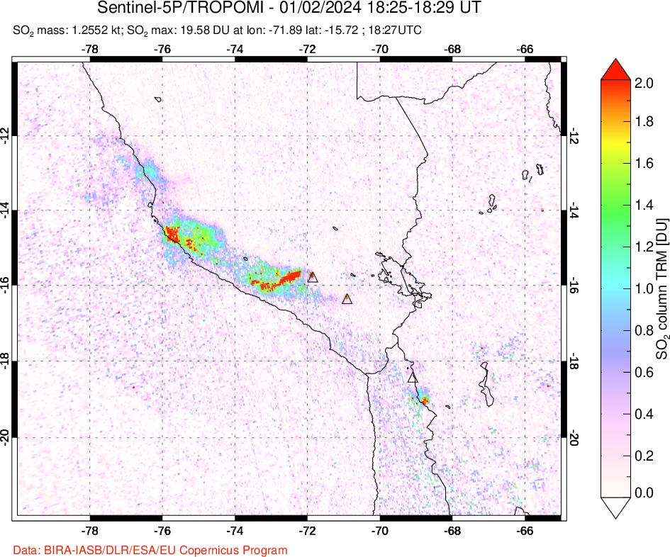 A sulfur dioxide image over Peru on Jan 02, 2024.