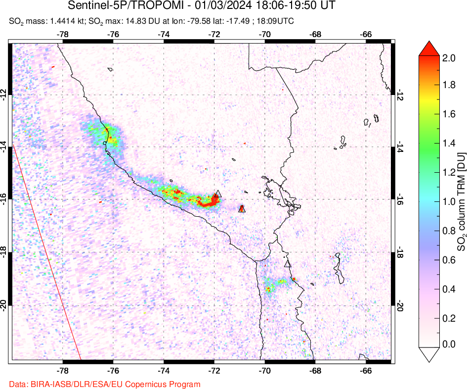 A sulfur dioxide image over Peru on Jan 03, 2024.