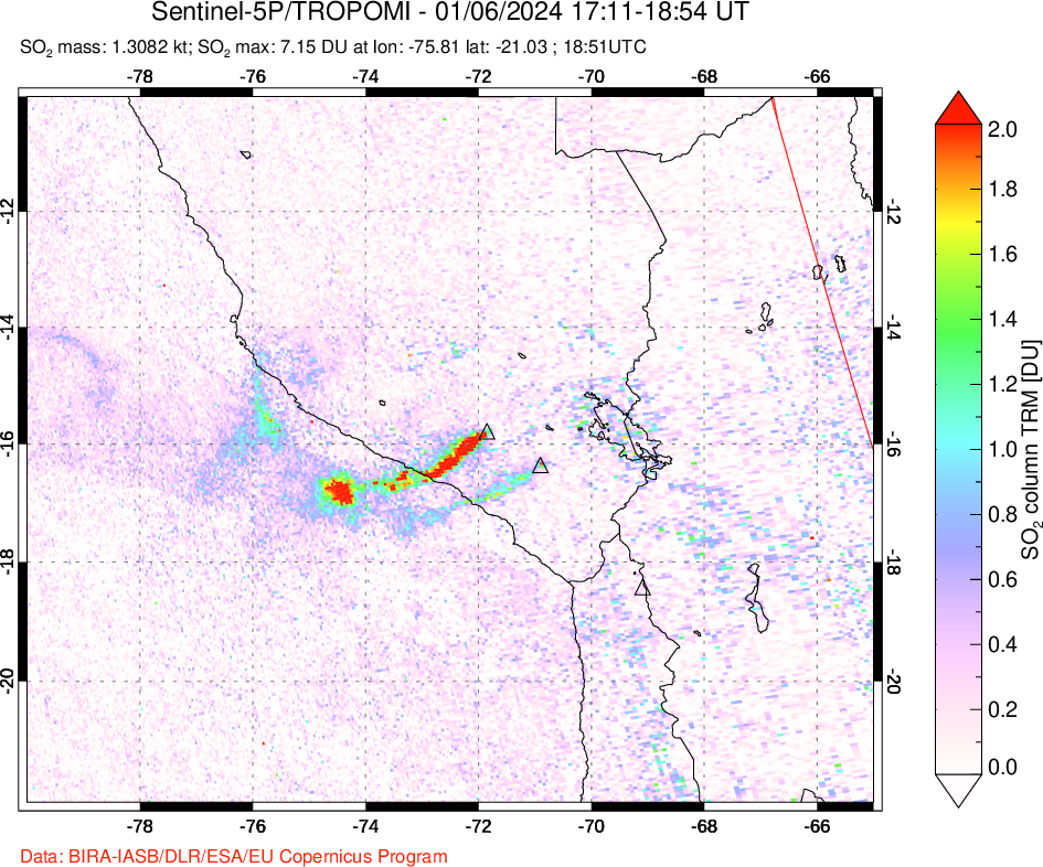 A sulfur dioxide image over Peru on Jan 06, 2024.