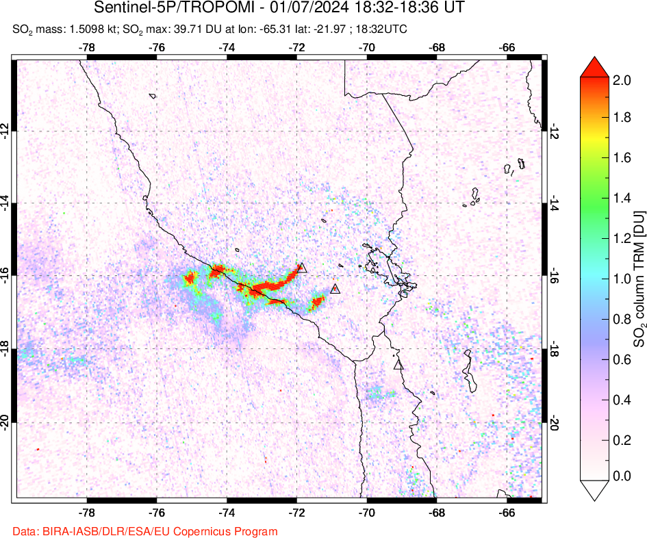 A sulfur dioxide image over Peru on Jan 07, 2024.