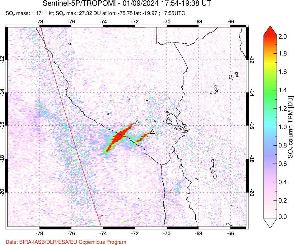 A sulfur dioxide image over Peru on Jan 09, 2024.