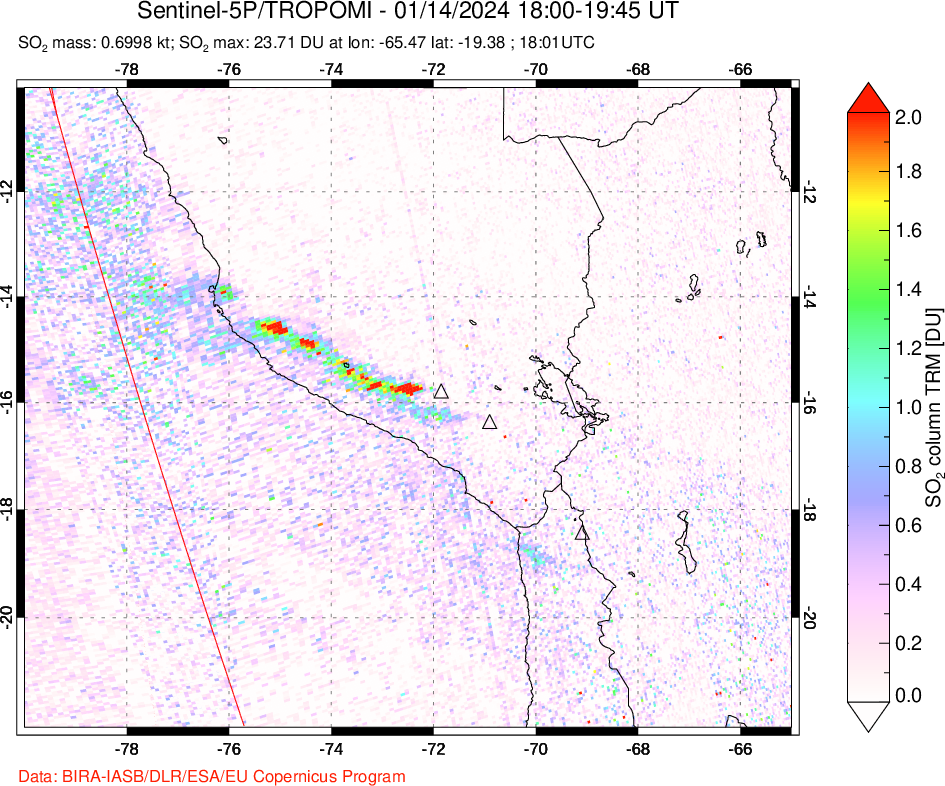 A sulfur dioxide image over Peru on Jan 14, 2024.