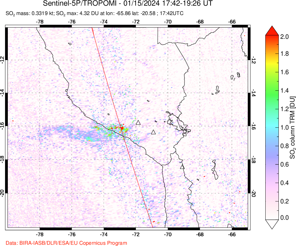 A sulfur dioxide image over Peru on Jan 15, 2024.