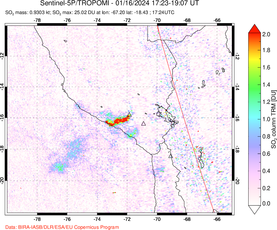 A sulfur dioxide image over Peru on Jan 16, 2024.