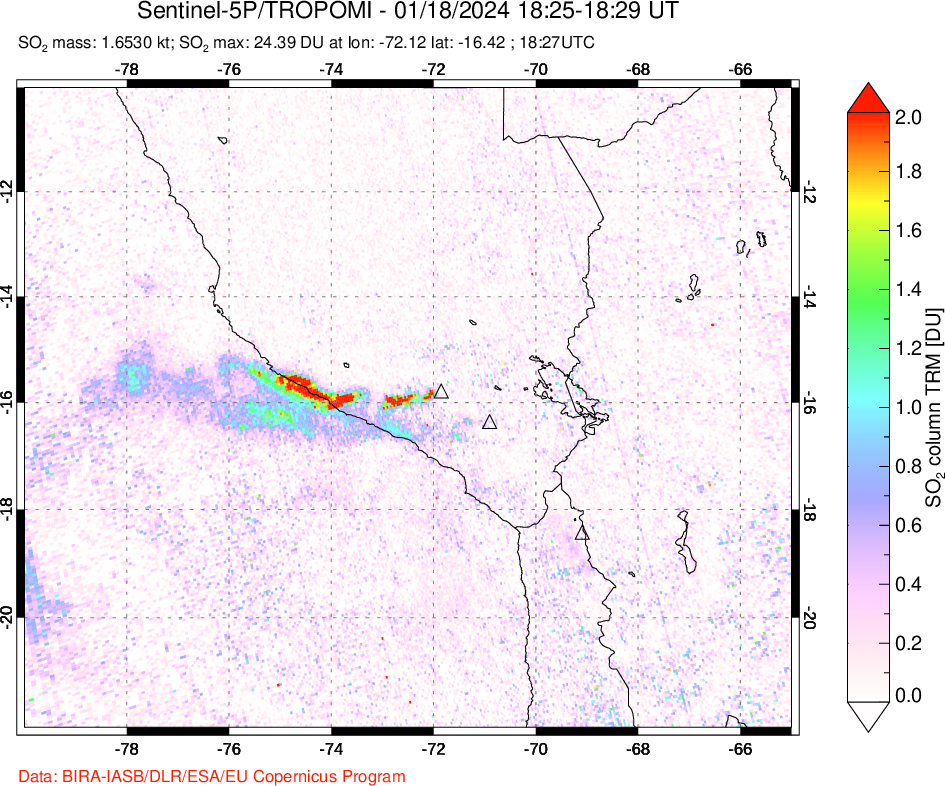 A sulfur dioxide image over Peru on Jan 18, 2024.