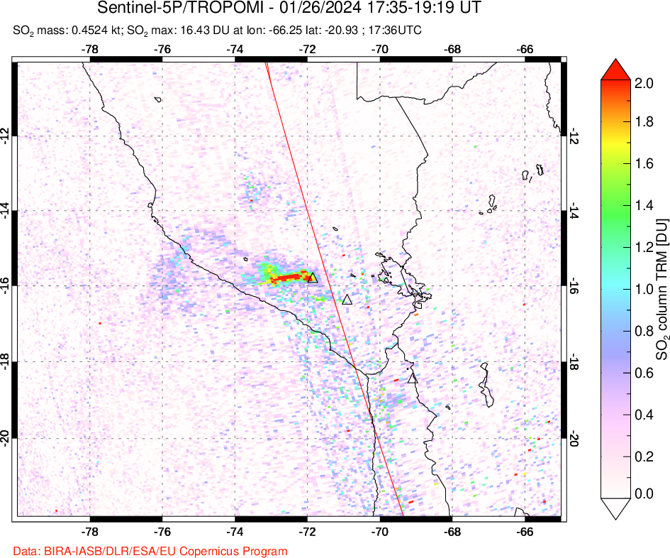 A sulfur dioxide image over Peru on Jan 26, 2024.