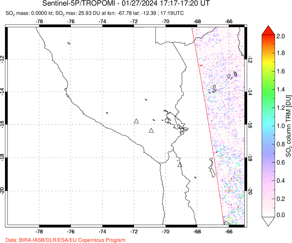 A sulfur dioxide image over Peru on Jan 27, 2024.