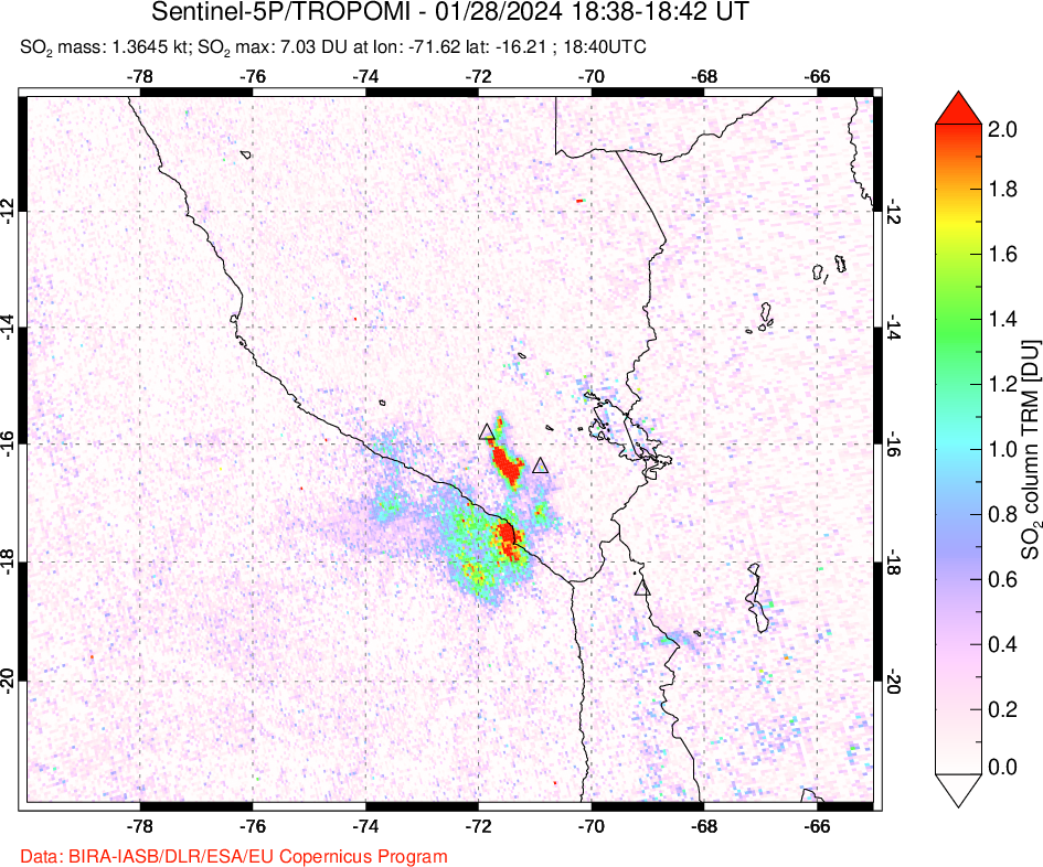 A sulfur dioxide image over Peru on Jan 28, 2024.