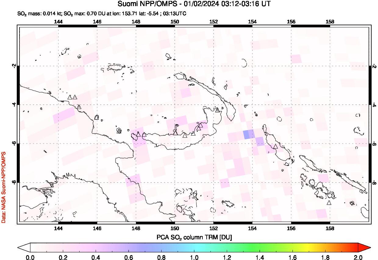 A sulfur dioxide image over Papua, New Guinea on Jan 02, 2024.