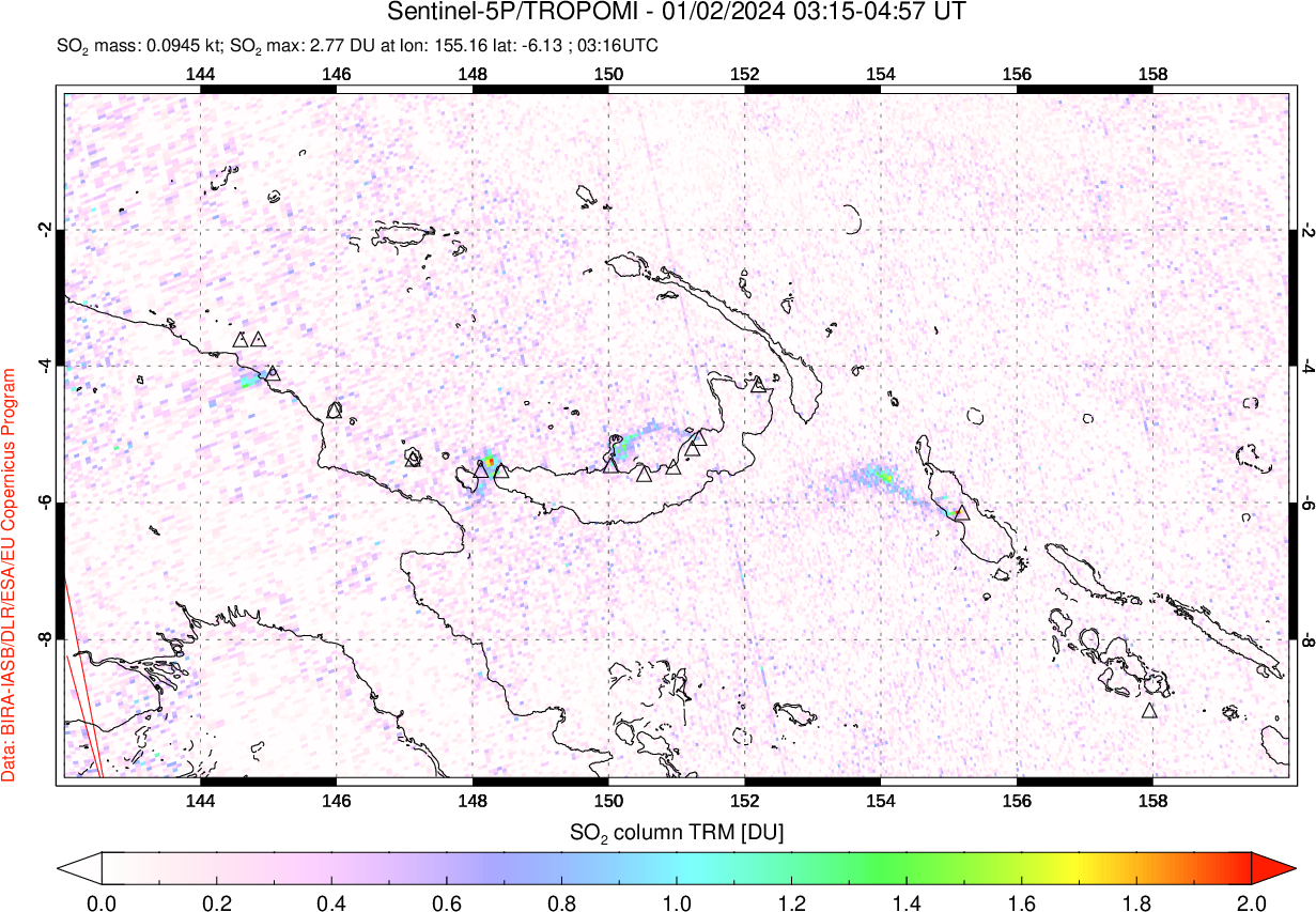 A sulfur dioxide image over Papua, New Guinea on Jan 02, 2024.