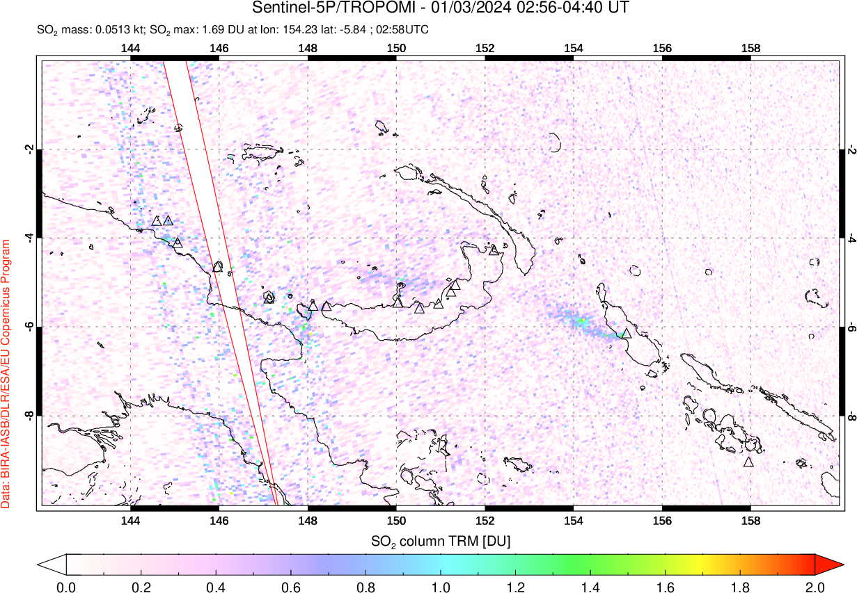 A sulfur dioxide image over Papua, New Guinea on Jan 03, 2024.