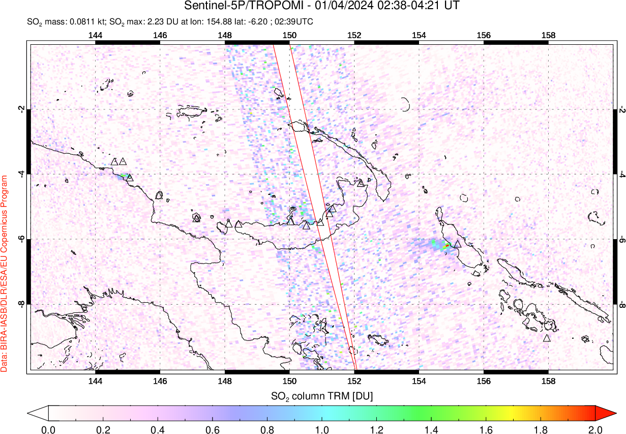 A sulfur dioxide image over Papua, New Guinea on Jan 04, 2024.