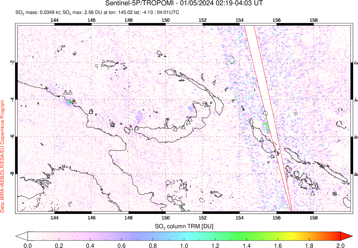 A sulfur dioxide image over Papua, New Guinea on Jan 05, 2024.