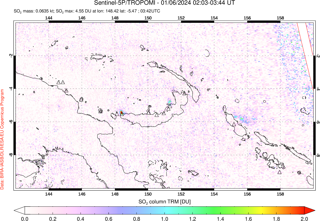 A sulfur dioxide image over Papua, New Guinea on Jan 06, 2024.