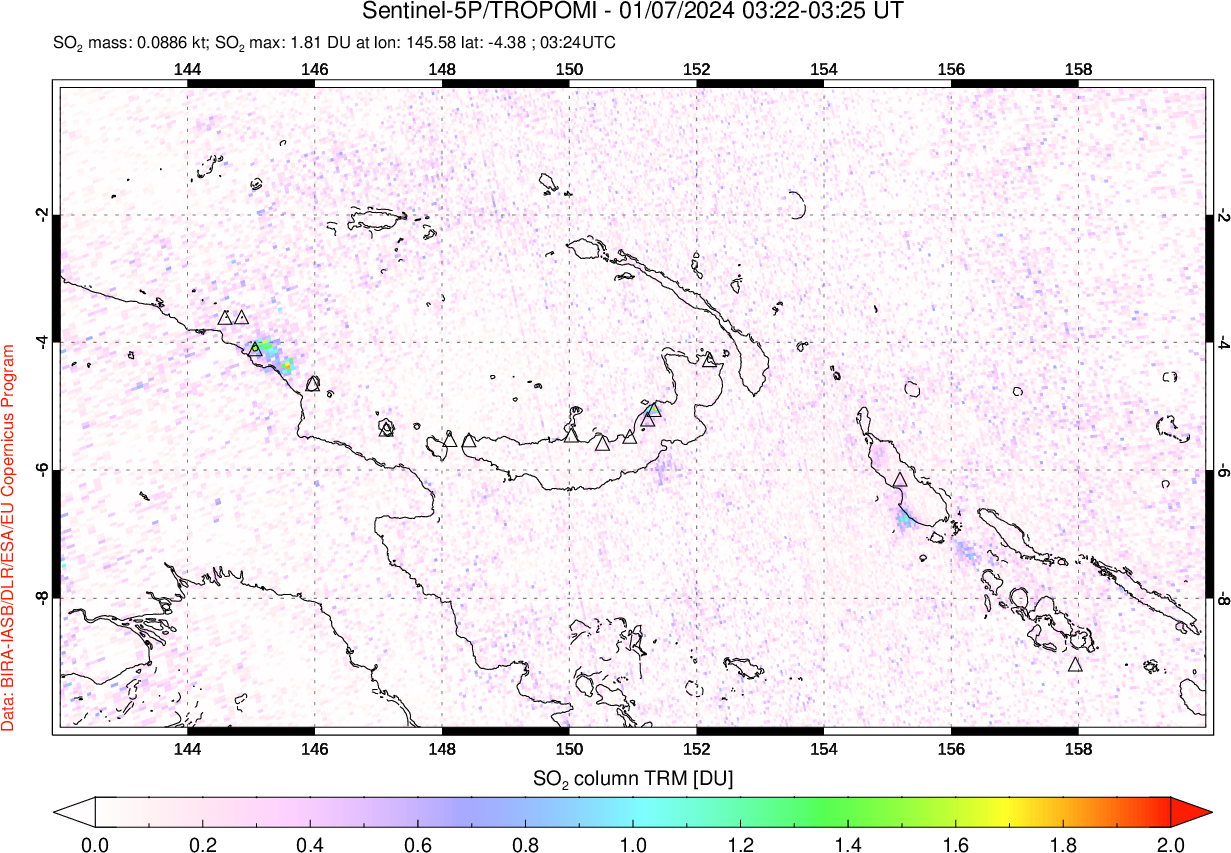 A sulfur dioxide image over Papua, New Guinea on Jan 07, 2024.