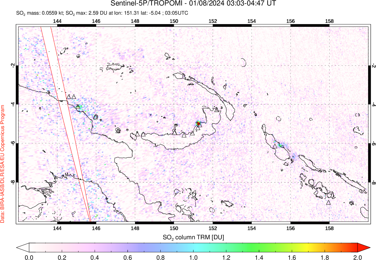 A sulfur dioxide image over Papua, New Guinea on Jan 08, 2024.