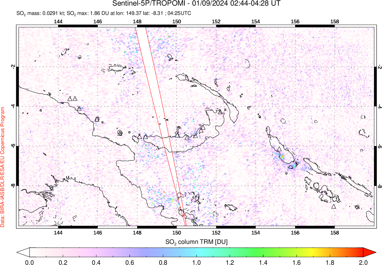 A sulfur dioxide image over Papua, New Guinea on Jan 09, 2024.