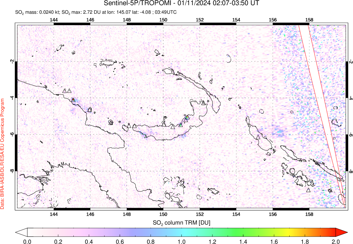A sulfur dioxide image over Papua, New Guinea on Jan 11, 2024.