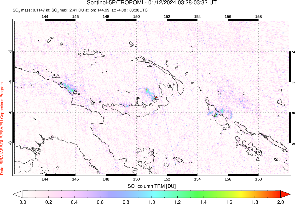 A sulfur dioxide image over Papua, New Guinea on Jan 12, 2024.