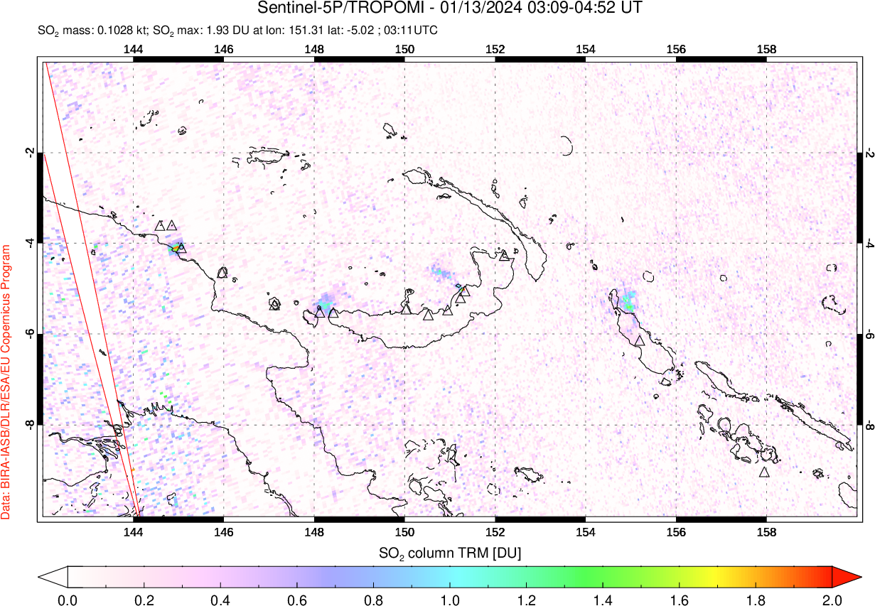 A sulfur dioxide image over Papua, New Guinea on Jan 13, 2024.