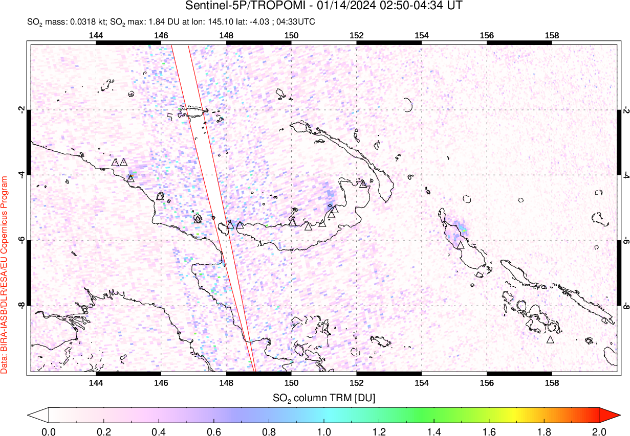 A sulfur dioxide image over Papua, New Guinea on Jan 14, 2024.