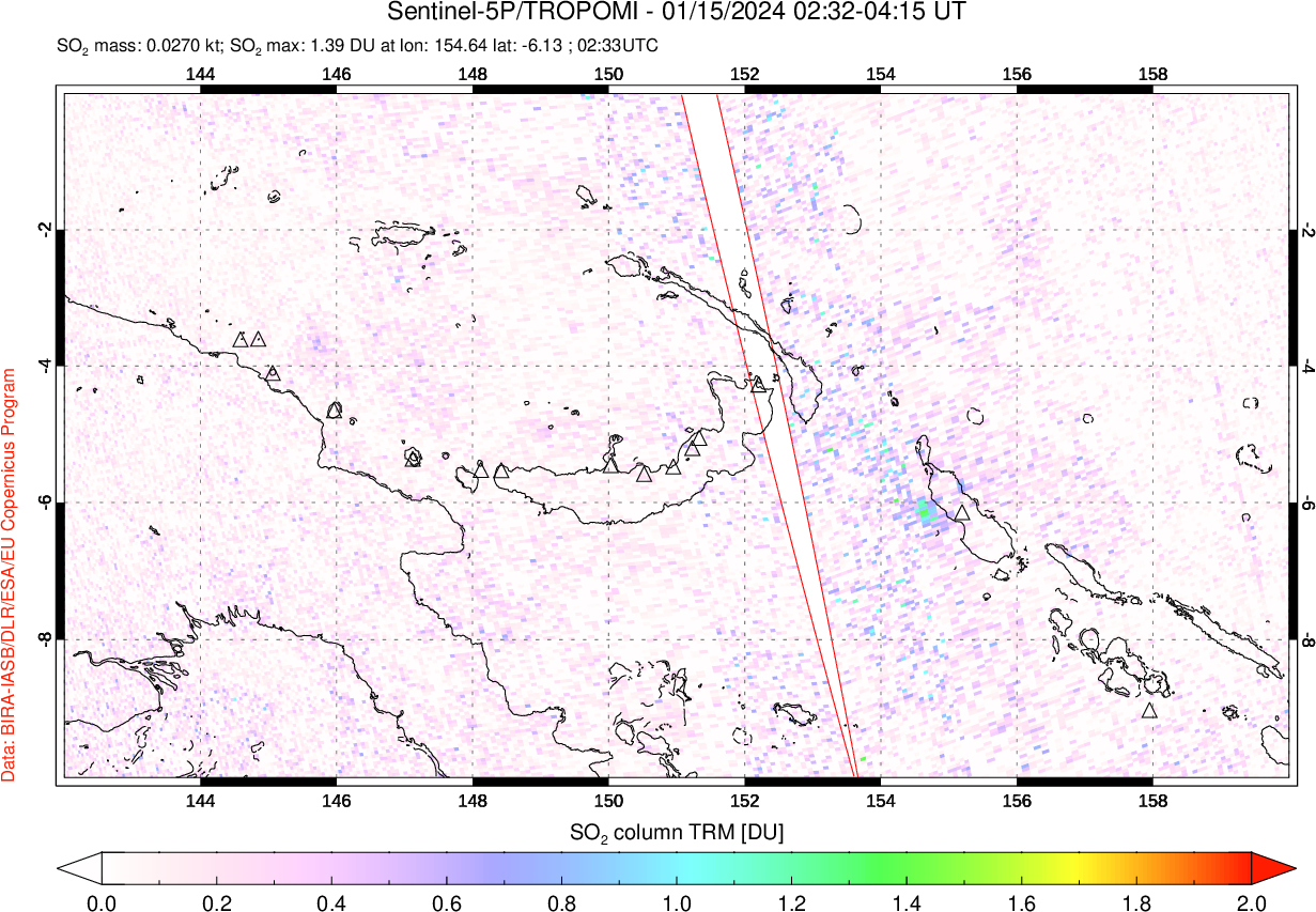A sulfur dioxide image over Papua, New Guinea on Jan 15, 2024.