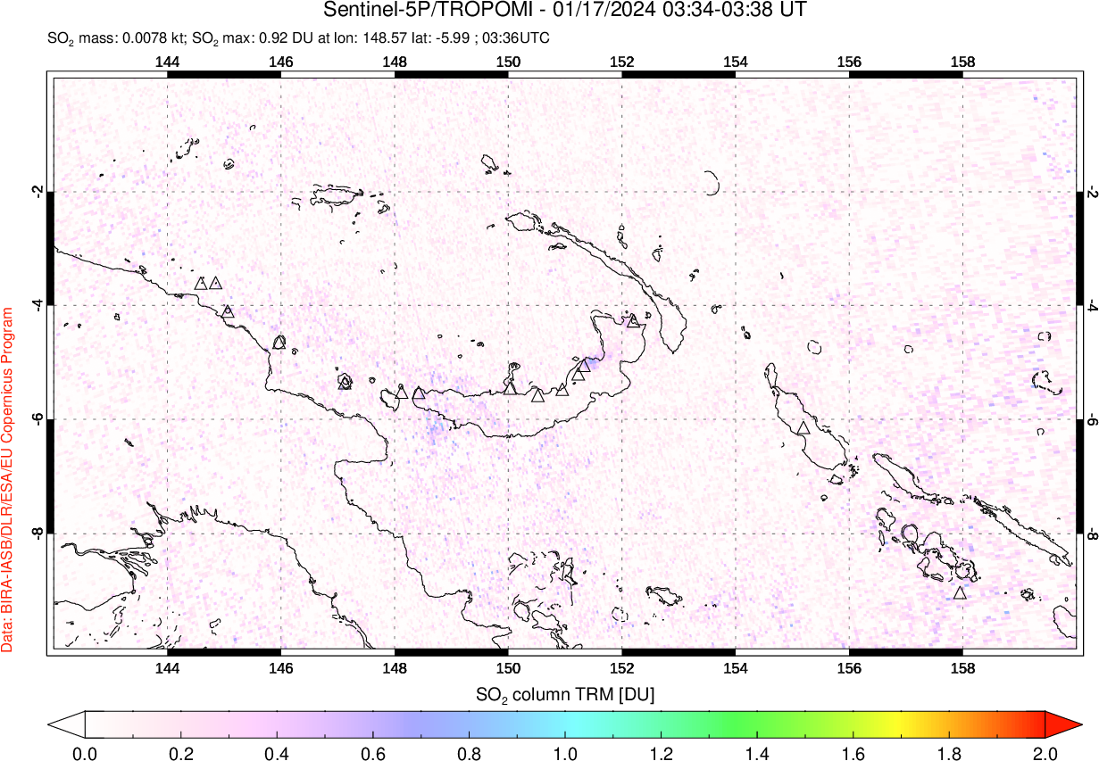 A sulfur dioxide image over Papua, New Guinea on Jan 17, 2024.