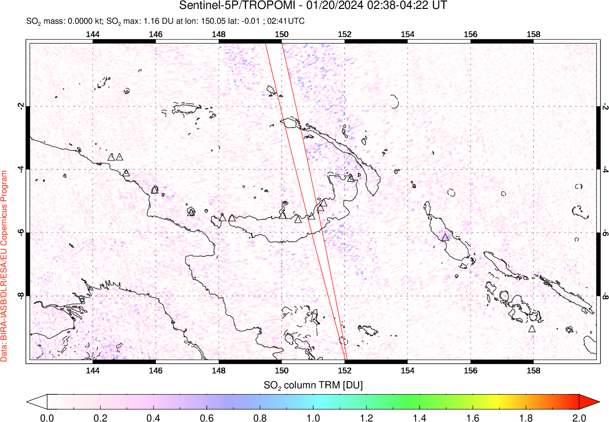 A sulfur dioxide image over Papua, New Guinea on Jan 20, 2024.