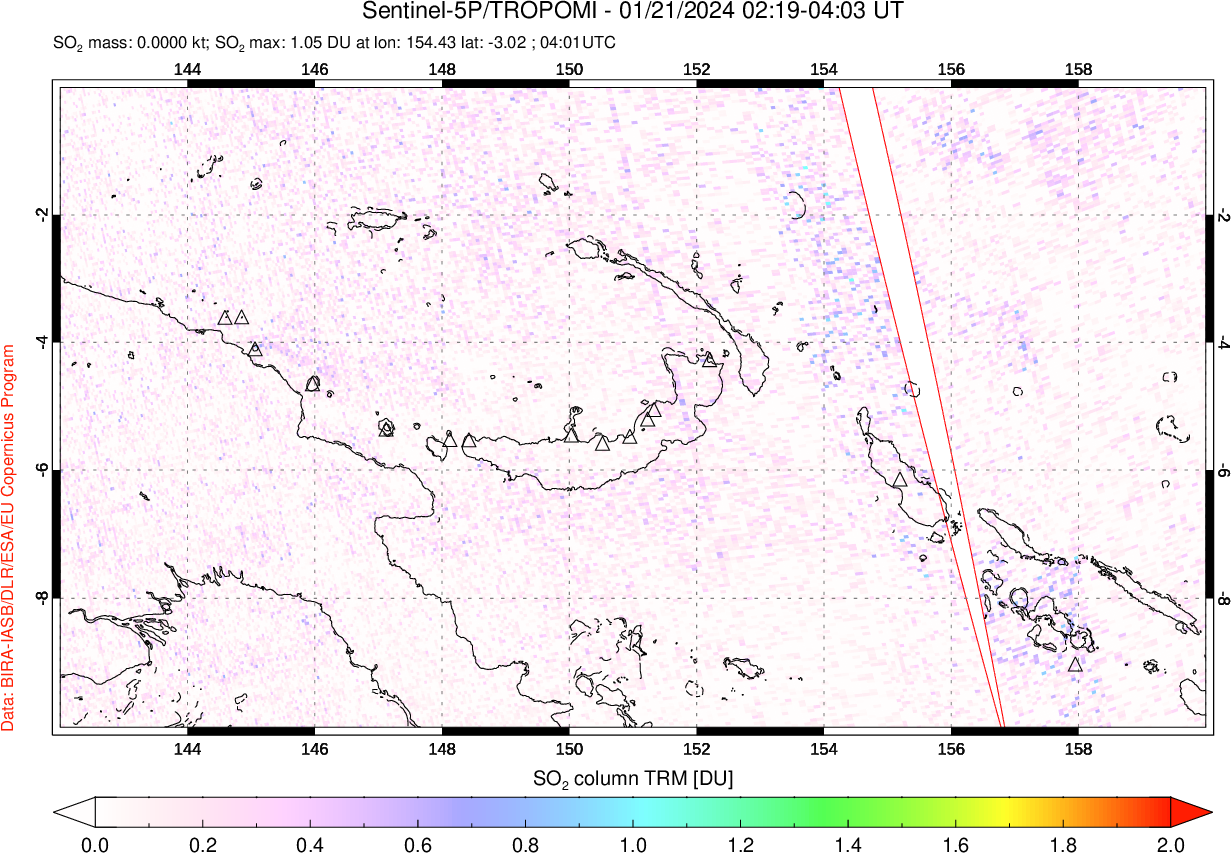 A sulfur dioxide image over Papua, New Guinea on Jan 21, 2024.