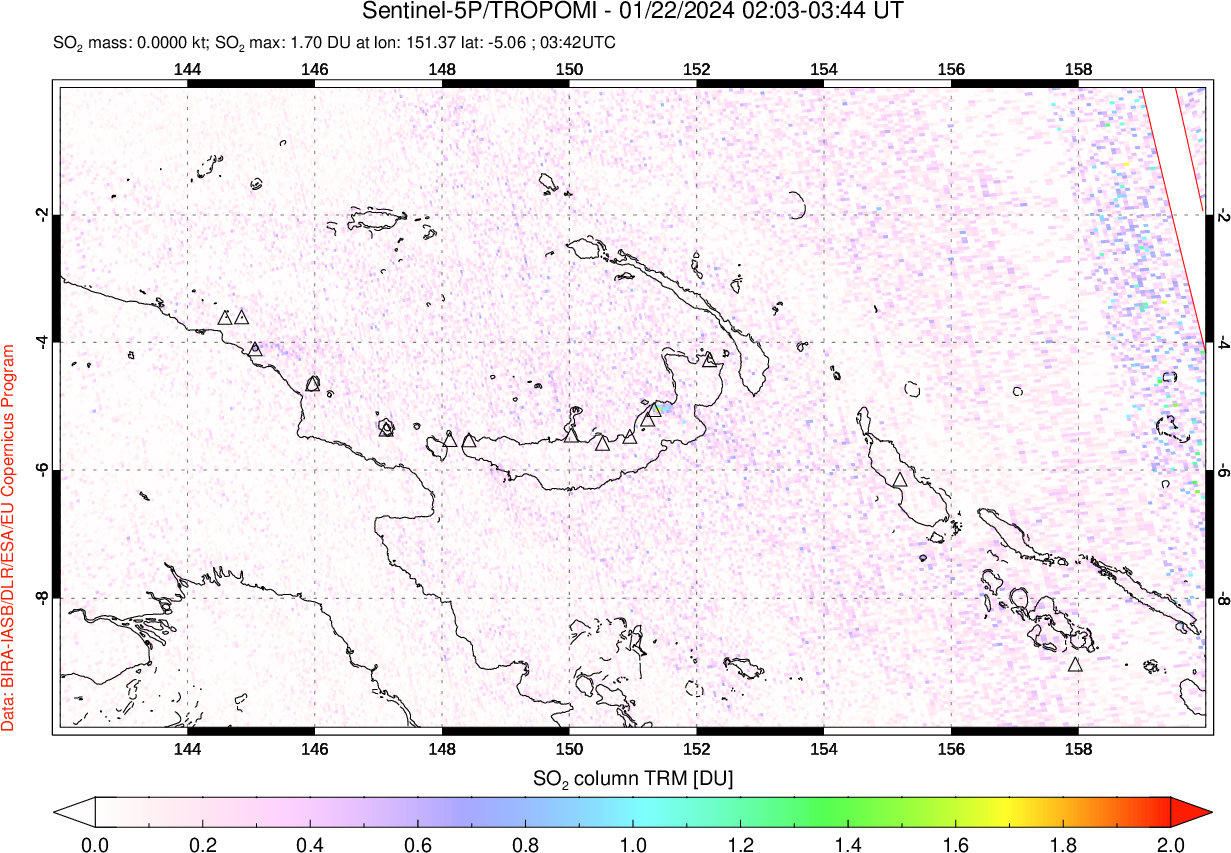 A sulfur dioxide image over Papua, New Guinea on Jan 22, 2024.