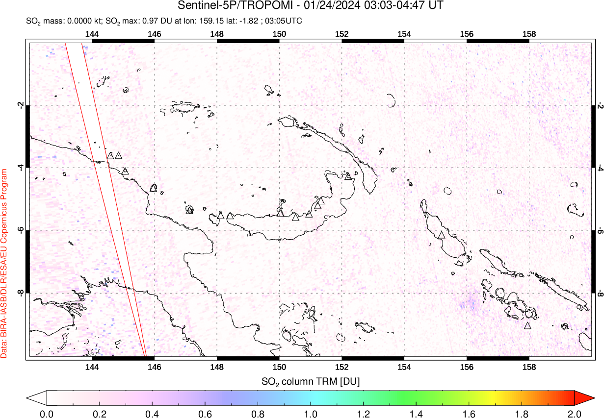 A sulfur dioxide image over Papua, New Guinea on Jan 24, 2024.