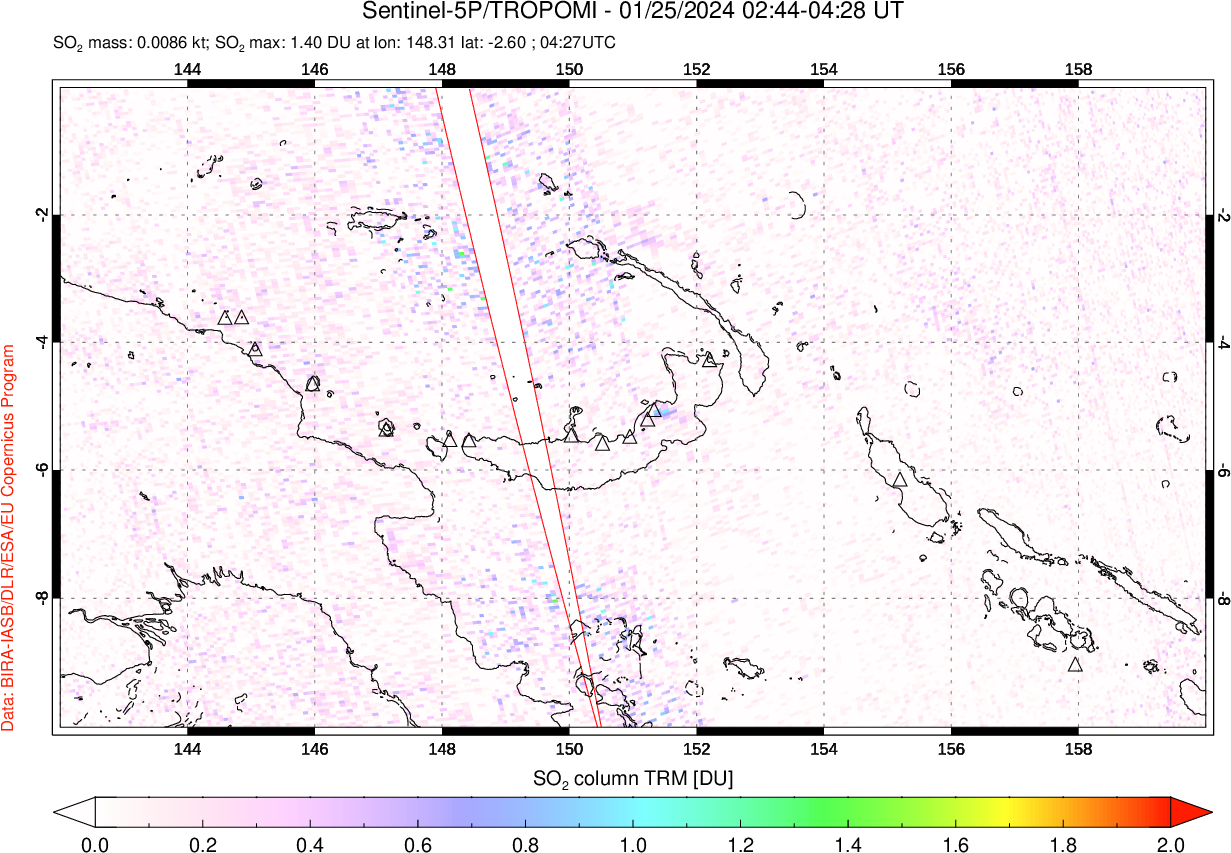 A sulfur dioxide image over Papua, New Guinea on Jan 25, 2024.