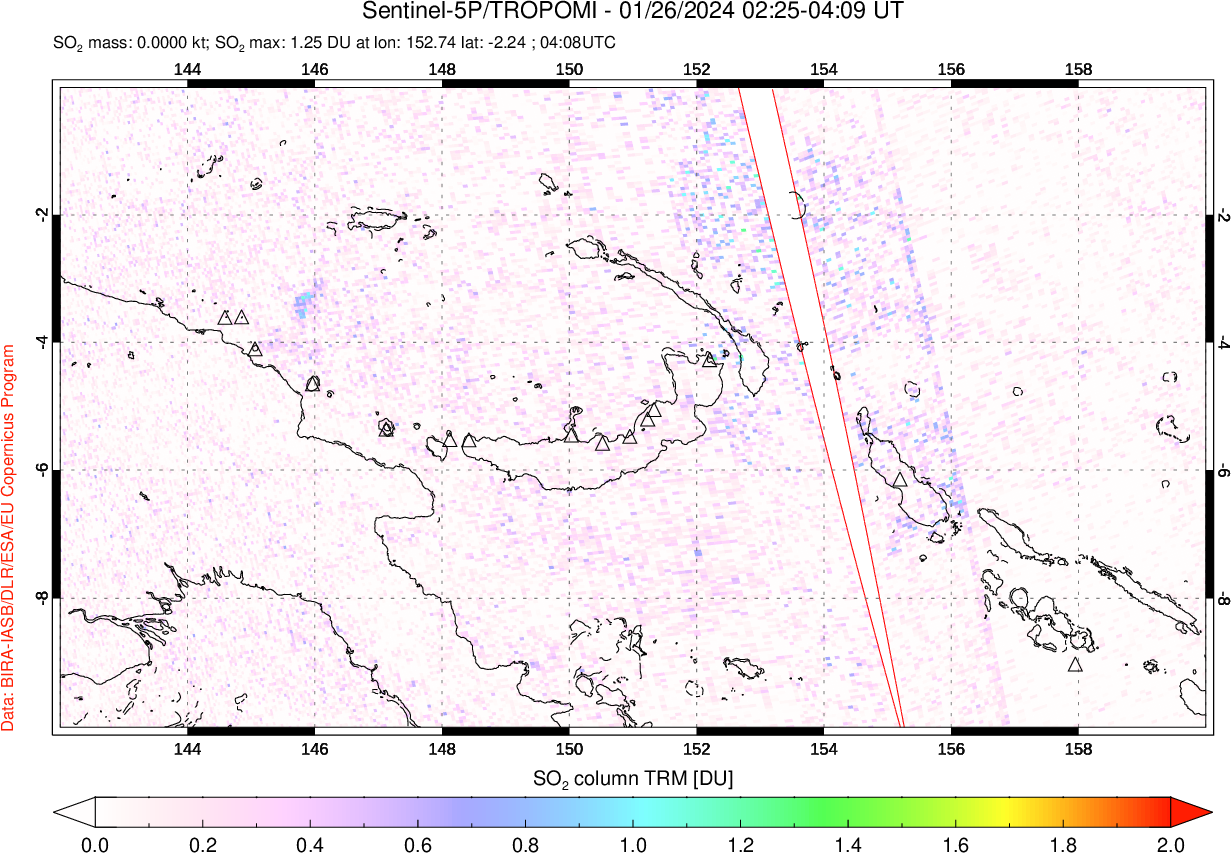 A sulfur dioxide image over Papua, New Guinea on Jan 26, 2024.