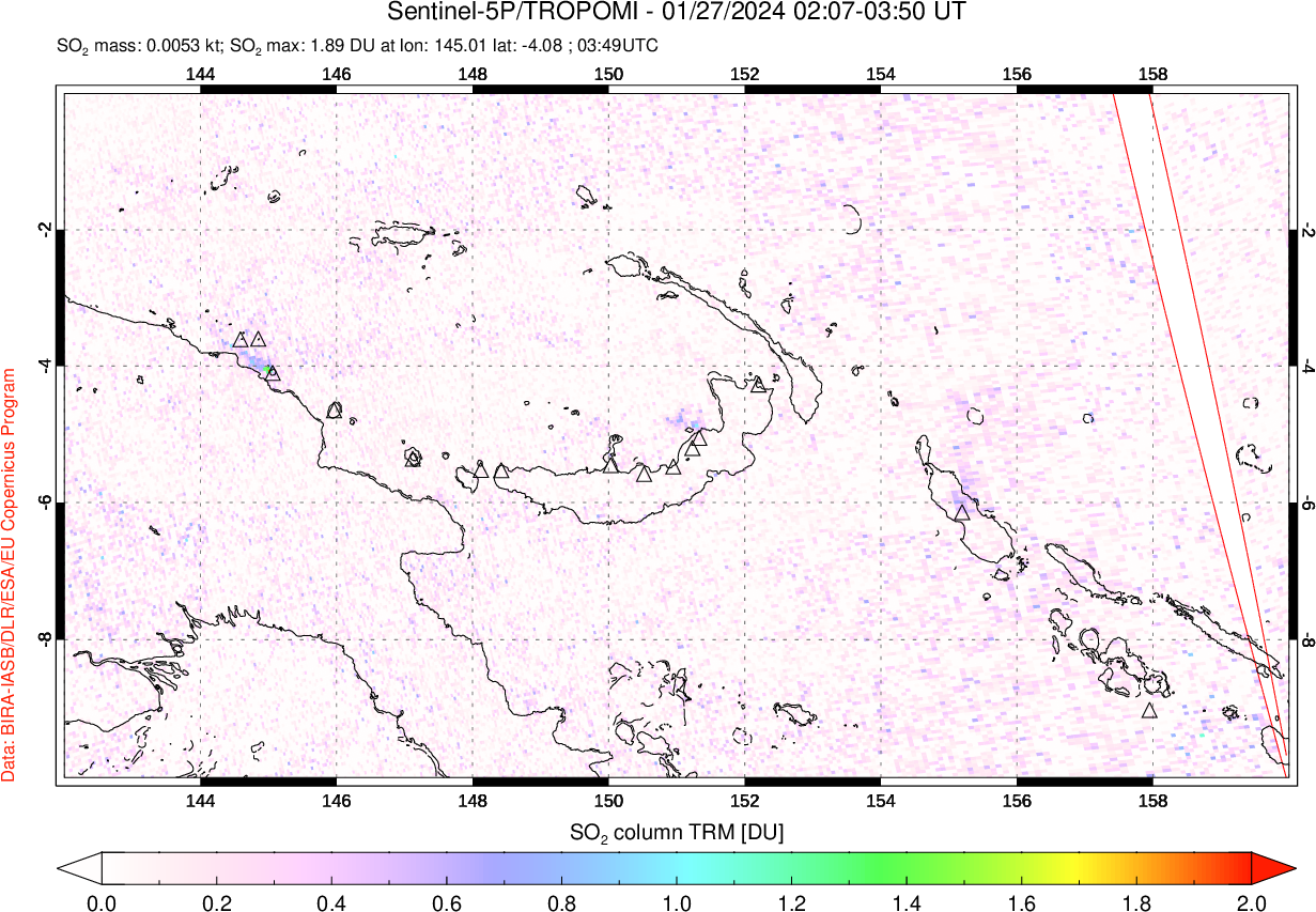 A sulfur dioxide image over Papua, New Guinea on Jan 27, 2024.