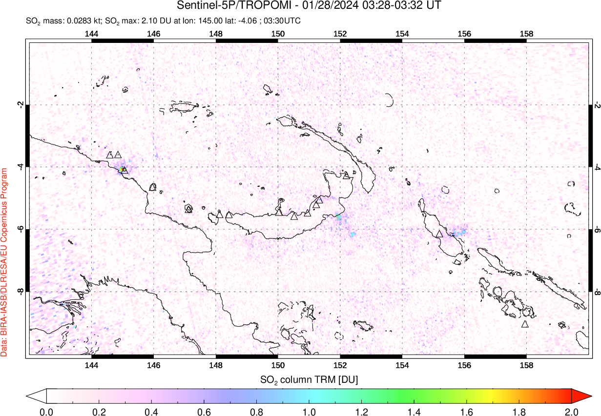A sulfur dioxide image over Papua, New Guinea on Jan 28, 2024.