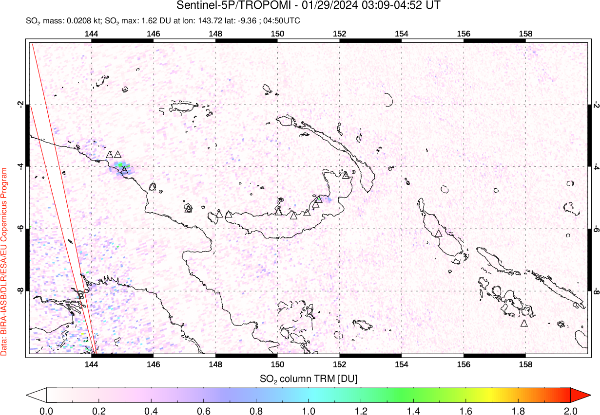 A sulfur dioxide image over Papua, New Guinea on Jan 29, 2024.