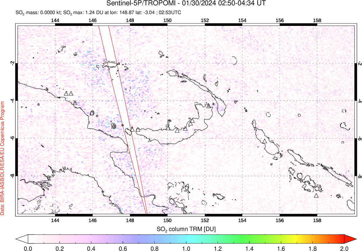 A sulfur dioxide image over Papua, New Guinea on Jan 30, 2024.