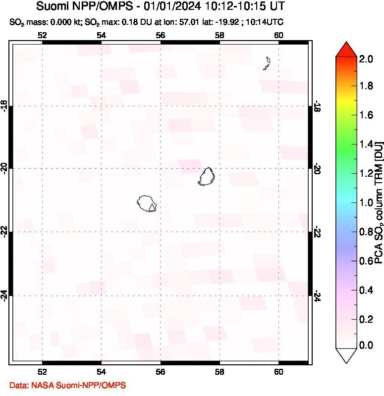 A sulfur dioxide image over Reunion Island, Indian Ocean on Jan 01, 2024.