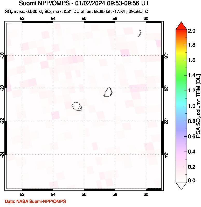 A sulfur dioxide image over Reunion Island, Indian Ocean on Jan 02, 2024.