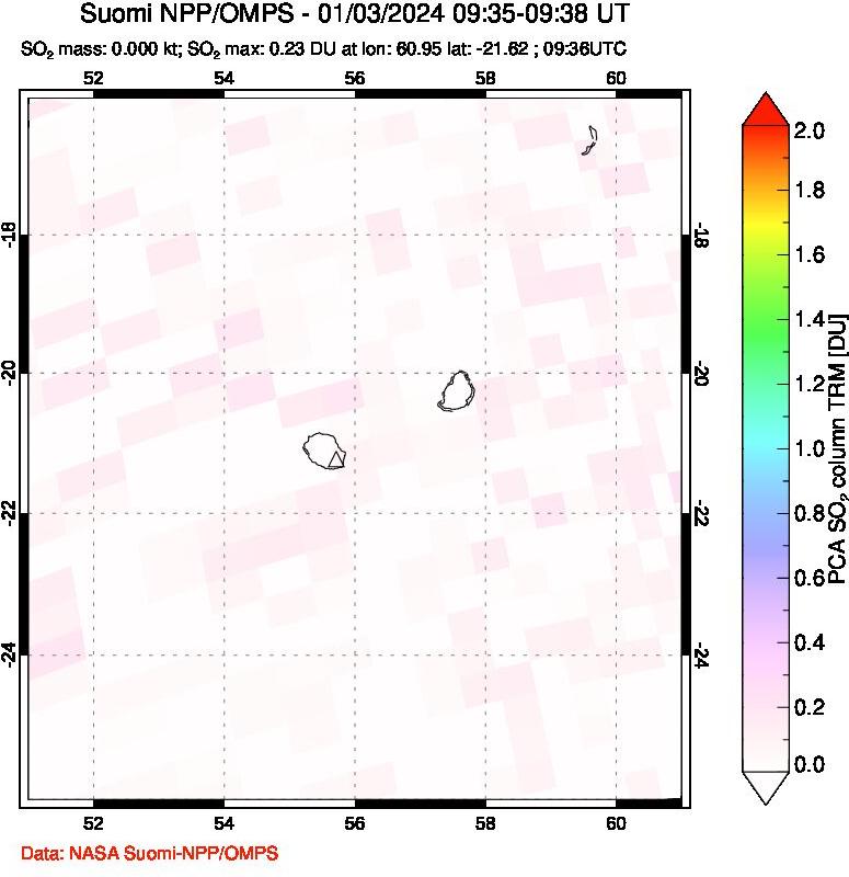 A sulfur dioxide image over Reunion Island, Indian Ocean on Jan 03, 2024.