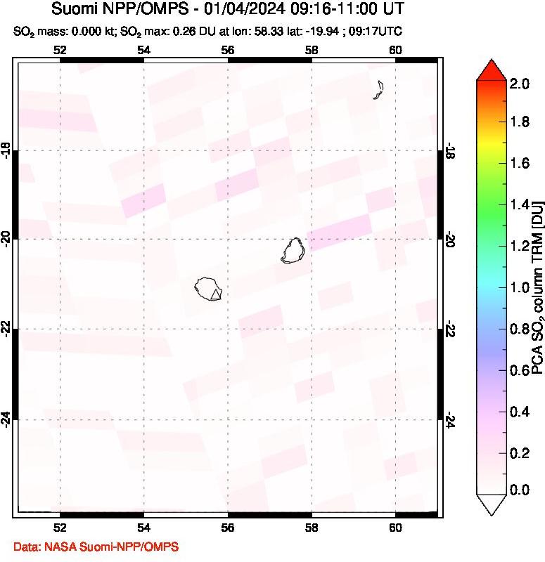 A sulfur dioxide image over Reunion Island, Indian Ocean on Jan 04, 2024.