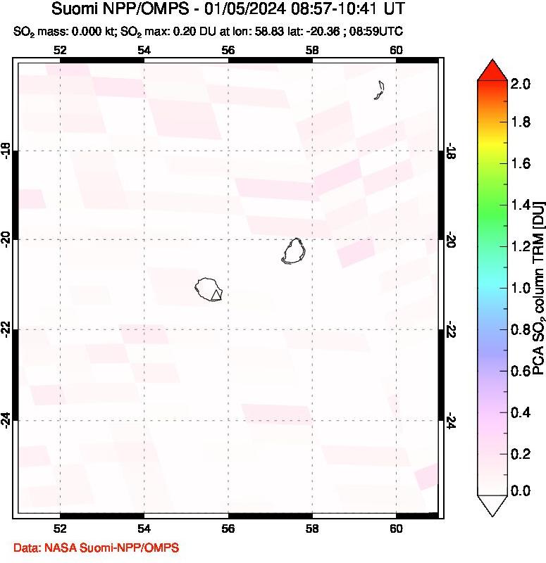 A sulfur dioxide image over Reunion Island, Indian Ocean on Jan 05, 2024.